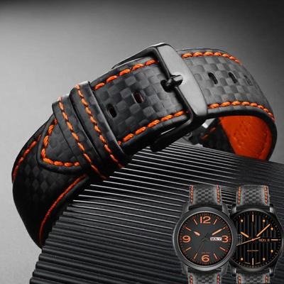 20mm 21mm 22mm 23mm Carbon Fiber Leather Mens Black Orange White Red Line Stitching Watchband For Universal Brand Watch Strap