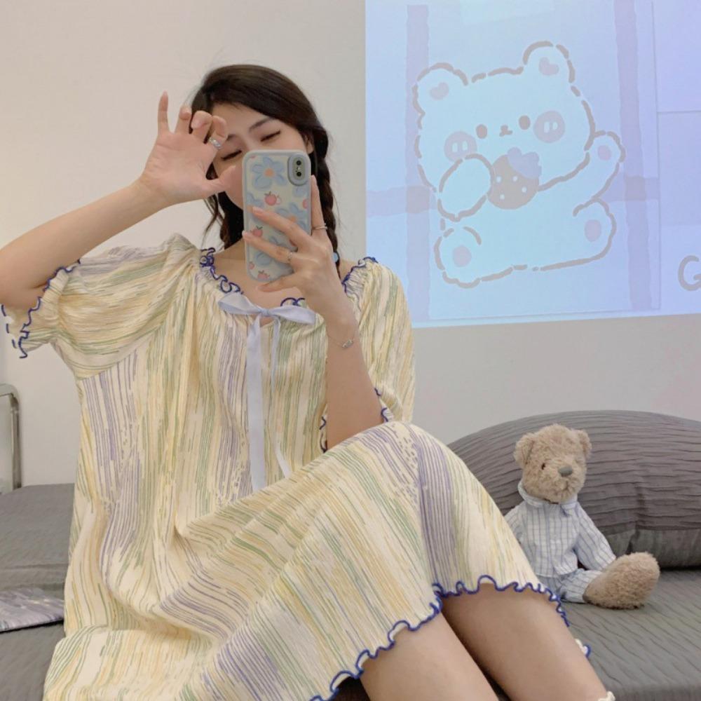 New Summer Cotton Short-sleeved Nightgown for Women Sweet Thin Round Neck Mid-length