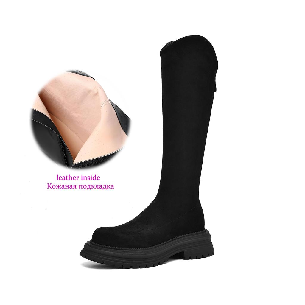 Krazing Pot Flock Autumn Winter Shoes Thick Med Heels Flat Platform Size 43 Modern Boots Stretch Knee Boots