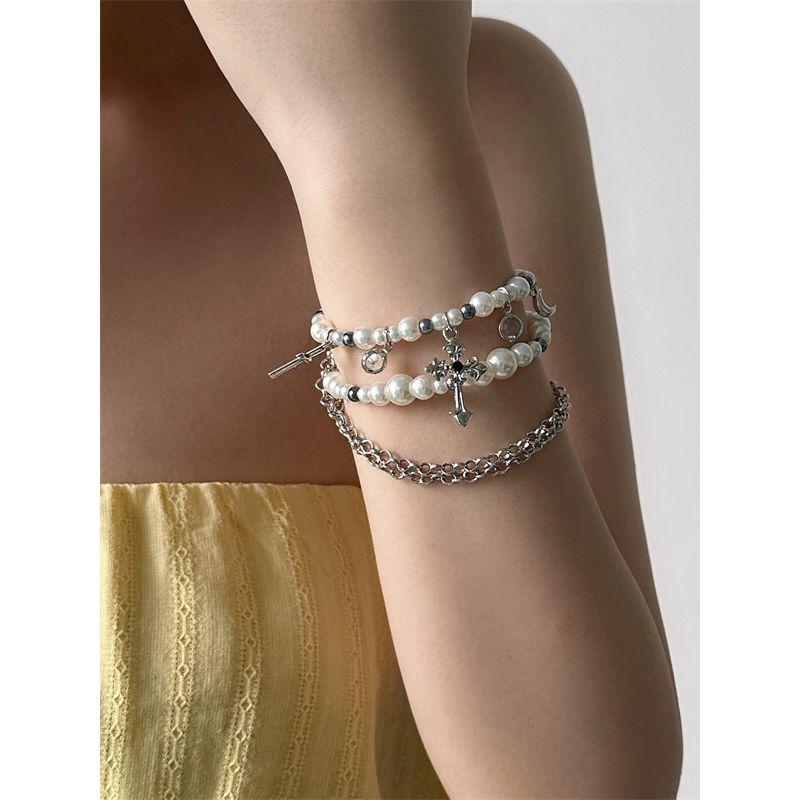 European and American Cross Pearl Multi-Layer Bracelet Women Ins Accessible Luxury Special-Interest Design Exquisite Fancy Bracelet Bracelet