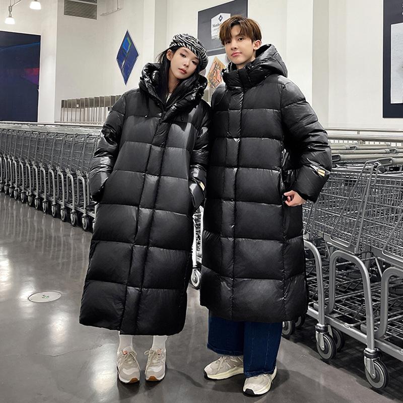 Black and Gold Long Over-the-knee Eight-lattice Down Jacket for Men and Women with Hood and Velvet Thickened White Goose Down Jacket