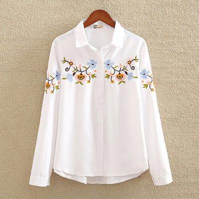 Plus Size Ladies Clothing White Shirt Long Sleeve Vintage Flower Embroidered Blouse Ladies Button Up Shirts Tops Casual