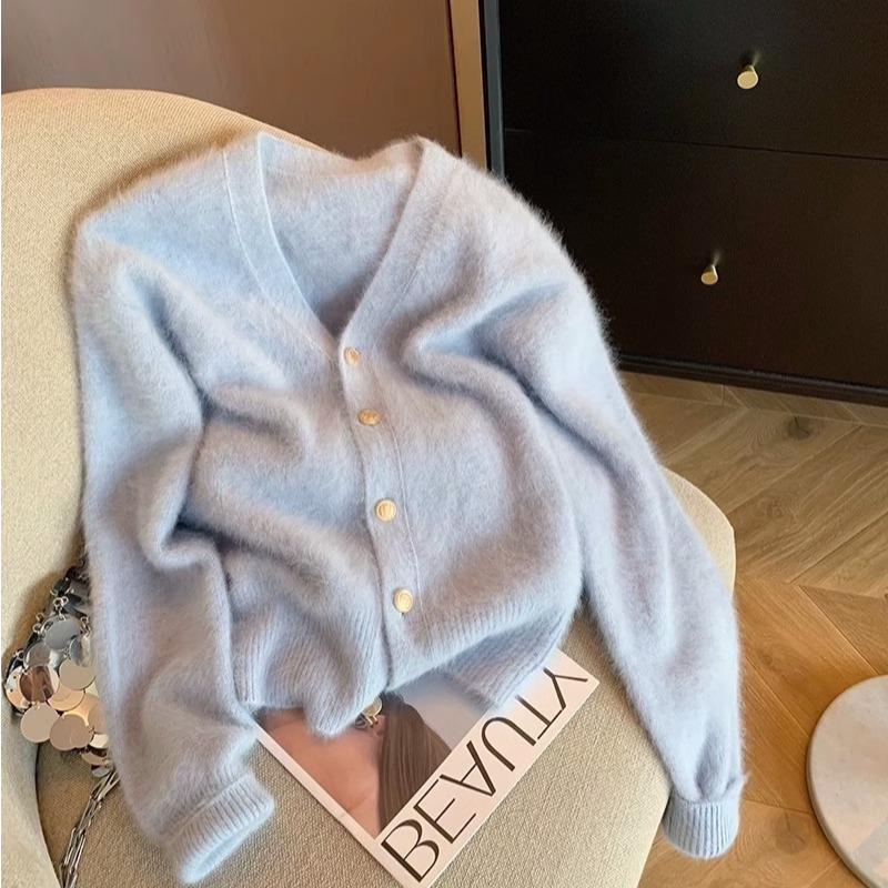 

Soft waxy collar mohair knitted cardigan women s autumn and winter new sweet chic sweater jacket one size fits all синий