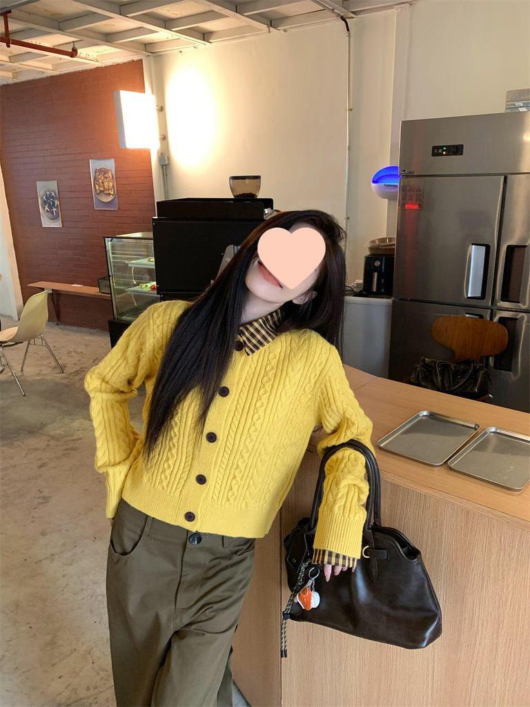 Kariertes Polo-Kragen Spleiß-Faux-Zweiteiler Langarm Slim Fit Gestricktes Damen-T-Shirt für Frühling und Herbst