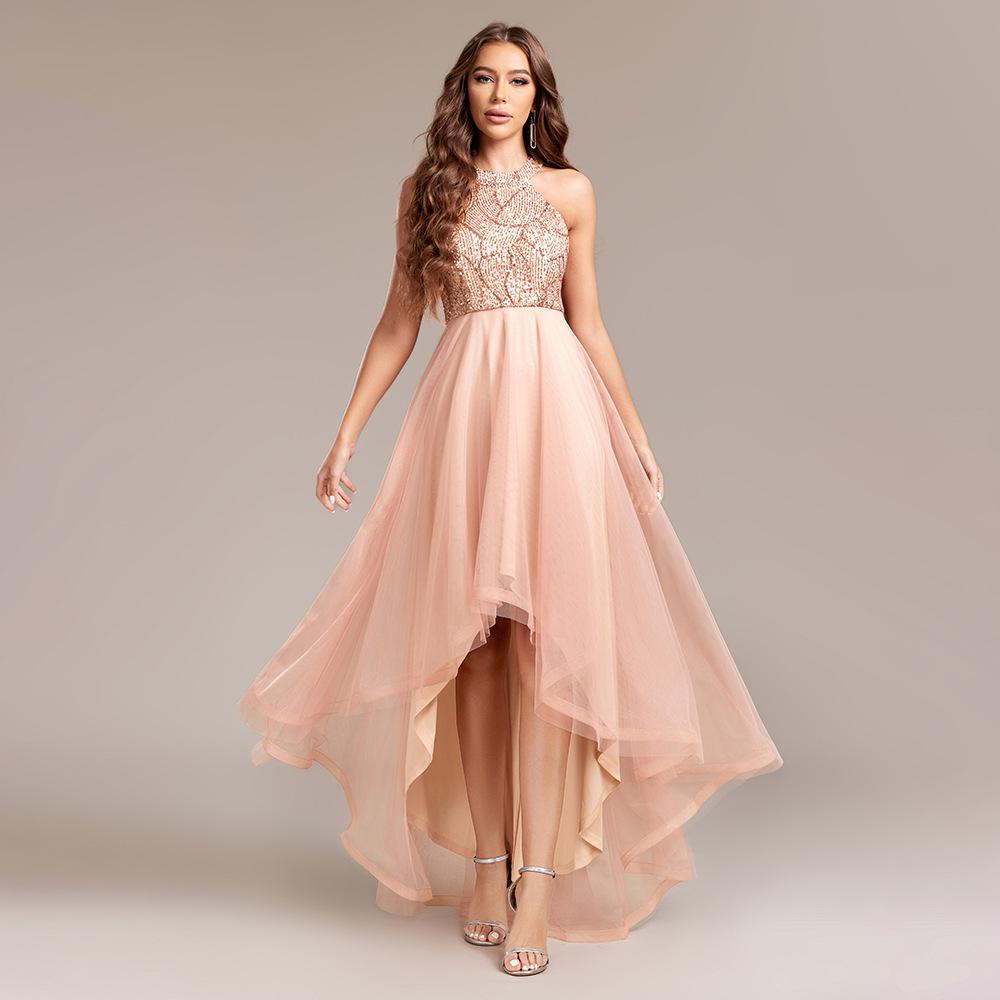 GMXIA Industry Halter Sequin Patchwork Multilayer Mesh Sleeveless Shaggy Skirt Ball Gown