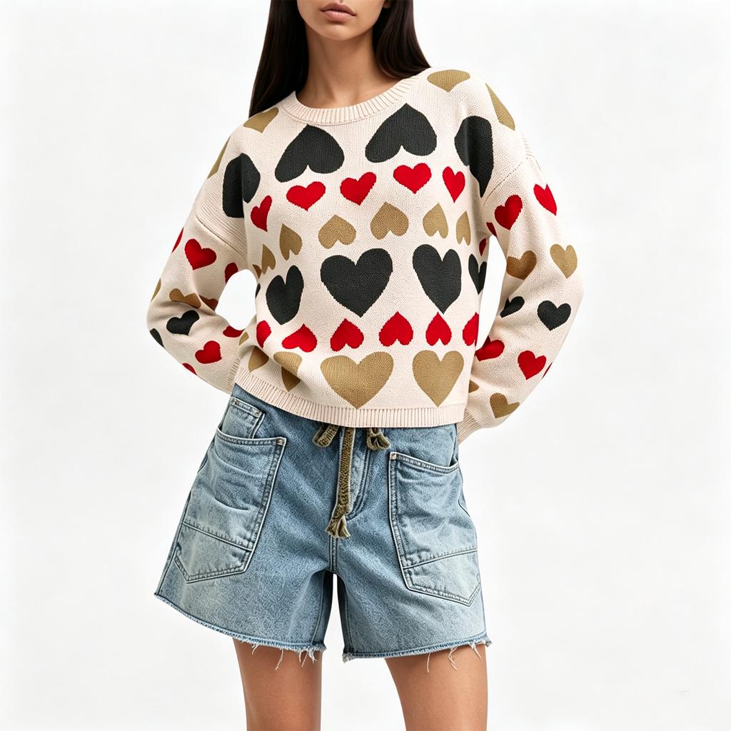 Women's Casual Heart Pattern Round Neck Loose Fit Knit Pullover Sweater
