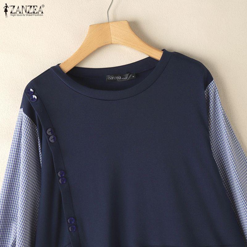 ZANZEA Womens Autumn Plaid Print Long Sleeve Splice Casual Blouse