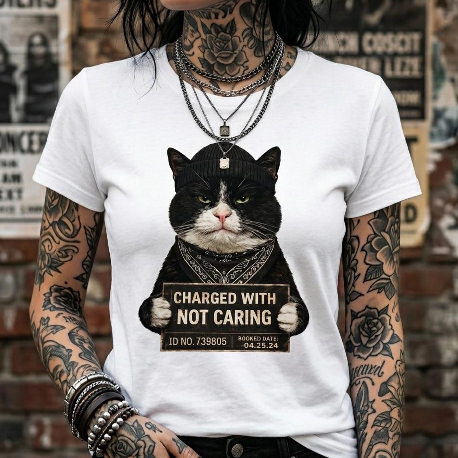 Funny Mugshot Cat Shirt, Sarcastic Charged With Not Caring Graphic Tee S