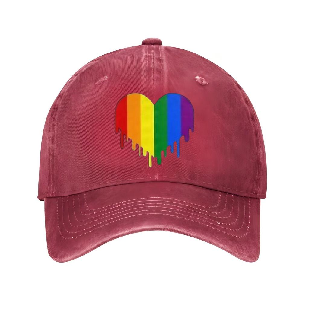 Rainbow Dripping Heart Gay Pride Baseball Cap Distressed Denim Style Casual Sun Shield Hat for Men Women