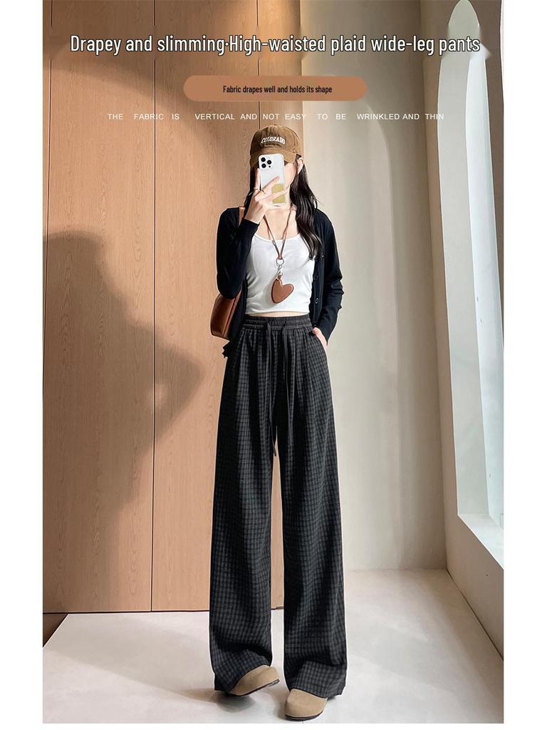 Women's Autumn 2025 Blue Plaid High-Waist Wide-Leg Pants with Drawstring - Retro, Slimming, Casual Style