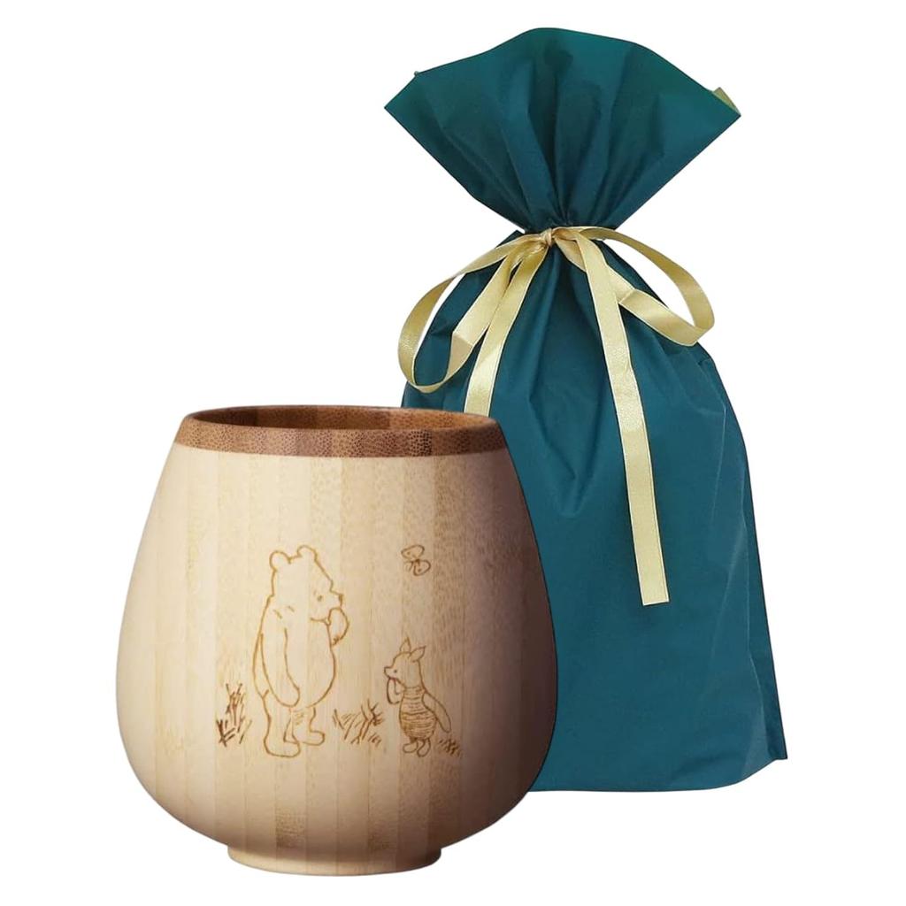 [Set] 2-Piece Set (RIVERET CLASSIC POOH Rocking Vessel Glass, 240ml, Bamboo, Dishwasher Safe, RV-116WCP, and Gift Bag with Ribbon)