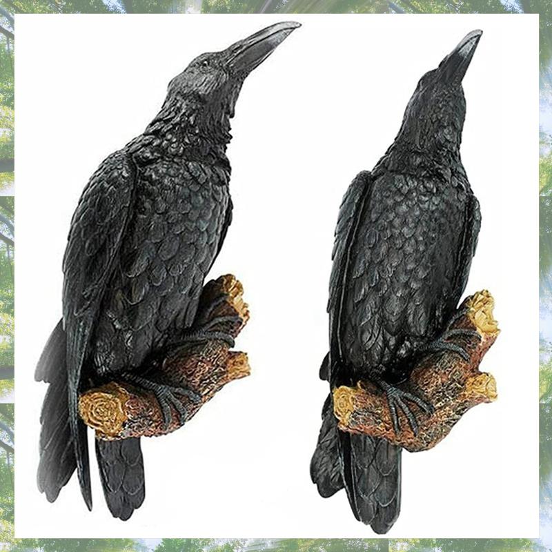 Premium-2PCS Raven Resin Statue Bird Crow Sculpture Outdoor Crows Halloweens Decor For Garden Courtyard Animal Decoration (as the picture,NONE)
