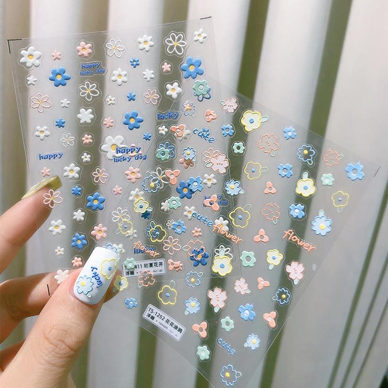 5D Summer Flower Embossed Nail Sticker Gel Polish Sticker For Nail Decoration Bear Decals Self-adhesive Sliders Manicure Design