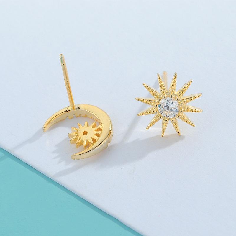 Asymmetric Star Moon Stud Earrings For Women Fashion Gold Plated Zircon Jewelry