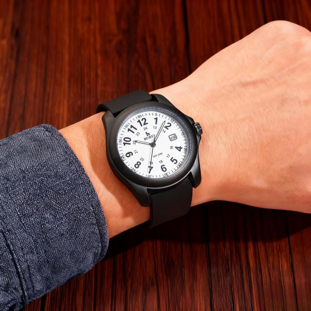 Quartz Analog Simple Quartz Watch with Black Silicone Popular Gift [BUREI] Men's Date, Waterproof, Luminous, Lightweight, Strap, Unisex, Stylish,