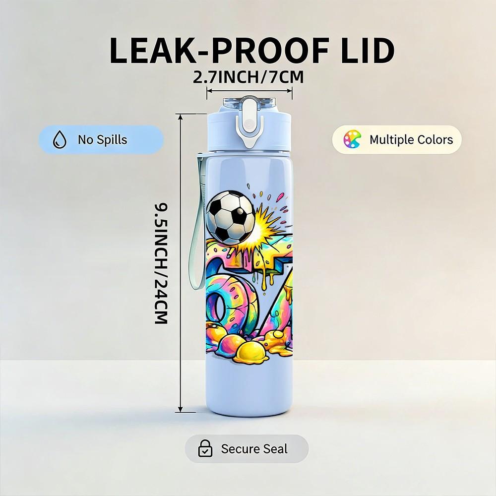 1PC Colorful 67 Soccer Theme Print 750ml Color Plastic Sports Water Bottle Leakproof Flip Straw Lid Suitable for Sports Office Home Use