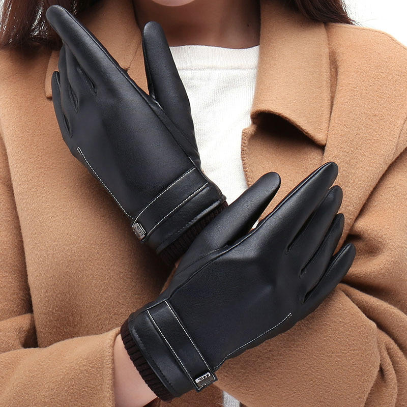 Touch Screen Couple Gloves for Men's Winter PU Driving and Cycling Cycling Waterproof Plus Velvet Ladies' Water Washed Leather Gloves for Winter