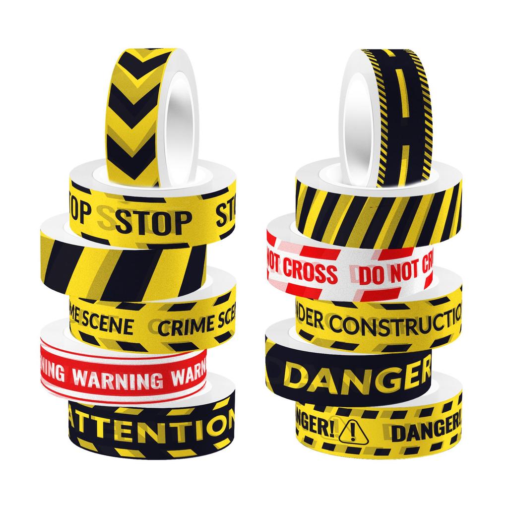 12 Rolls Caution Washi Tapes Construction Themed Slogan Yellow Red Black Self Adhesive Masking Tape for Diary Journal Gift