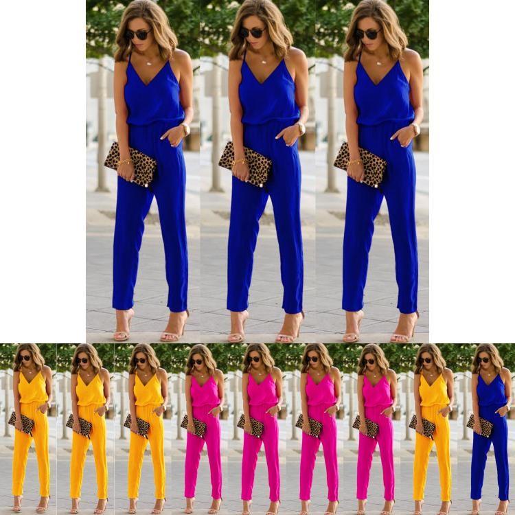 Elegant Women Spaghetti Strap Wide Leg Bodycon Jumpsuit With V-neck Romper Trousers