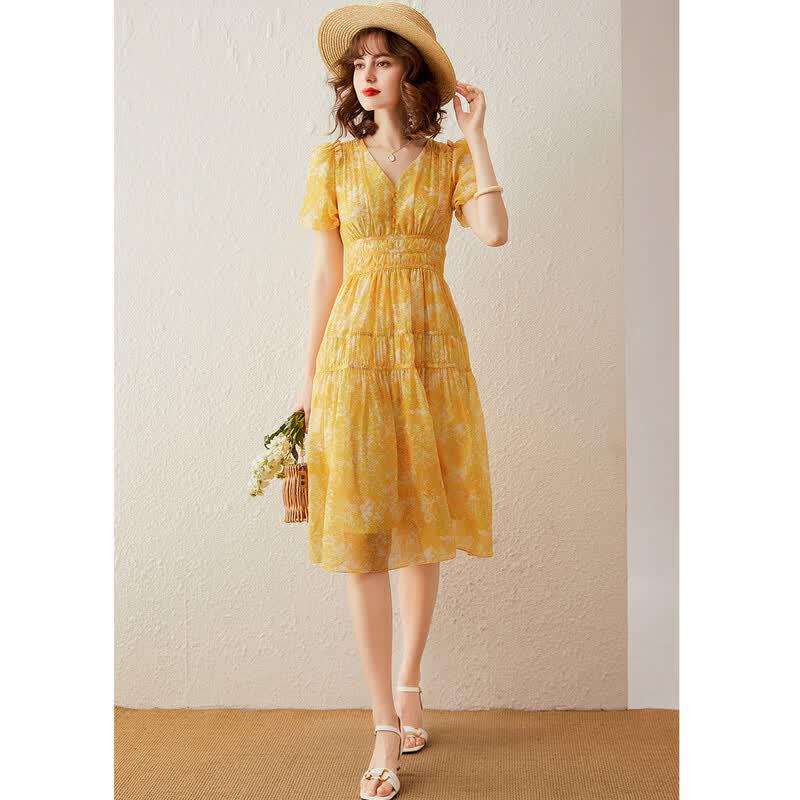Bailuyu French Style V-Neck Floral Puff Sleeve Long Dress