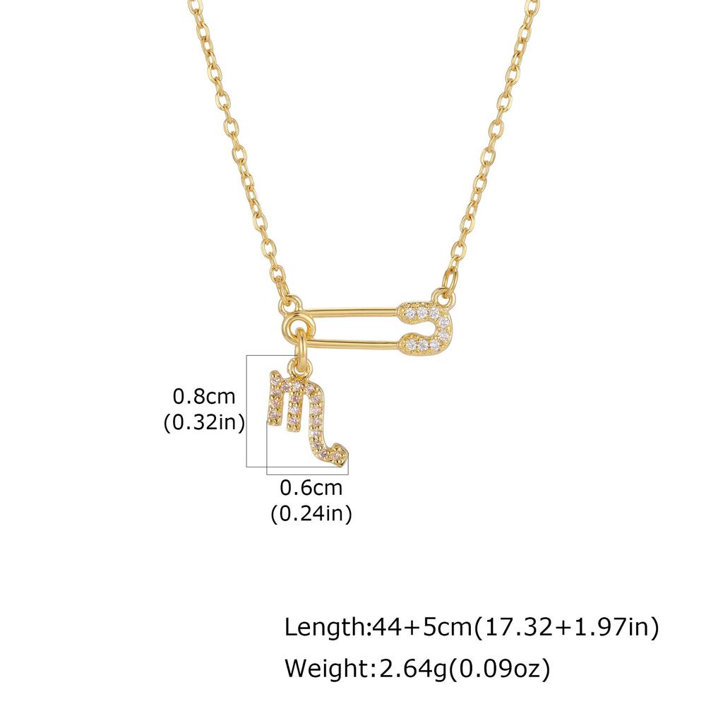 Zodiac Necklace Gold Plated Stainless Steel Chain Safety Pin 12 Constellation Horoscope Pave CZ Pendant Waterproof