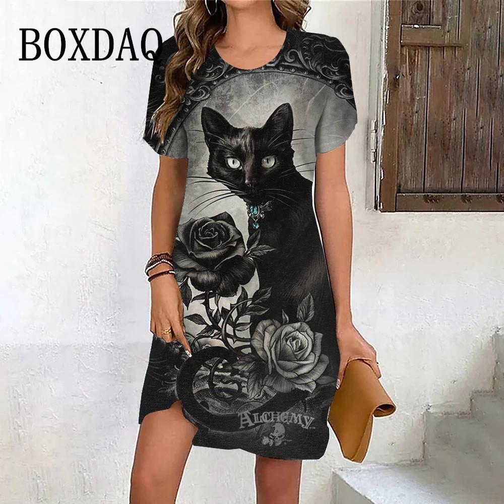 Women's Dress Classic Black Cat Flower Print Mini Dress Casual