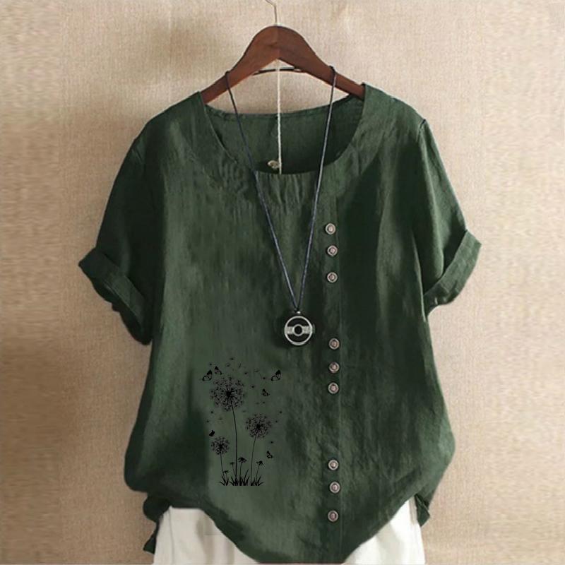 Women's Fashion Loose Cotton Shirt Black Dandelion Prined Short Sleeve T-shirt Casual Loose Summer Plus Size Blouse Tops