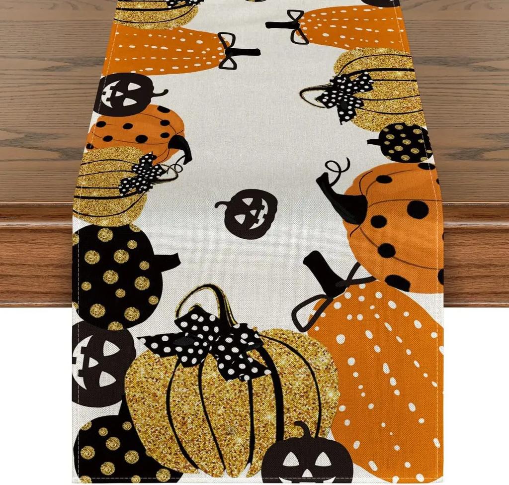 Linen Halloween Table Runner Pumpkin Spider Web Skull Dining Table Decoration Scary Table Cover For Halloween Dinner Party Decor