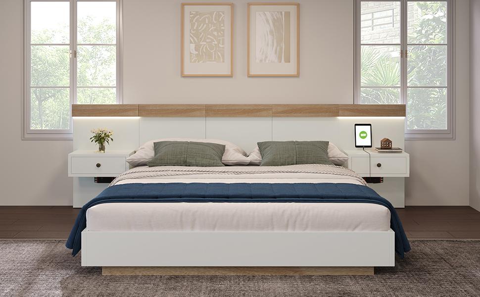 Doppelbett mit 2 LED-Nachttischen & USB-C-Steckdose 160 x 200 cm Holzbett, Schlafzimmer-Set--205x264x90.5 cm(T/B/H) in Sonoma Eiche/Weiß(Keine Matratze)