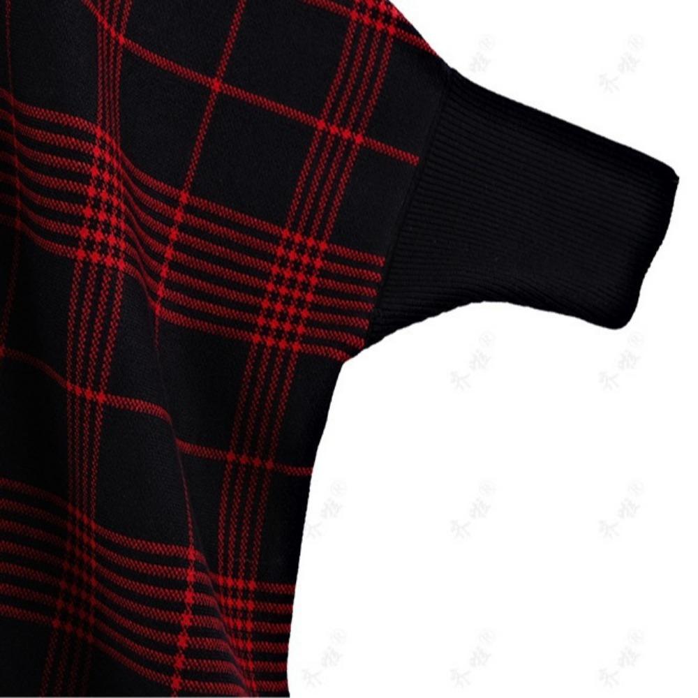 Autumn and Winter New High-necked Pullover Cape Shawl Long Knitted Bat-sleeved Sweater Women's Factory Direct Sales Plaid Jacket
