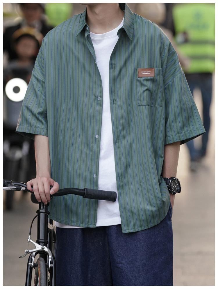 Men's Retro Striped Short Sleeve Pique Shirt - Summer Trendy Loose Fit Plus Size Jacket