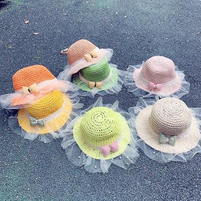 Children's Straw Hat Women Beach Hat Cute Princess Net Yarn Pearl Cartoon Bow Straw Hat Baby Hat