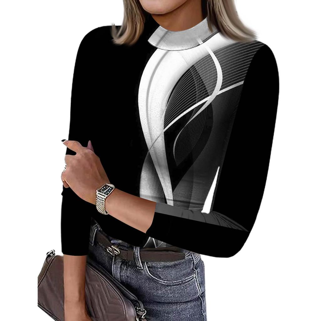 Damen Slim Bottom T-Shirt Mode Lässig Farbverlauf Druck Rundhals Pullover 3/4 Ärmel Top