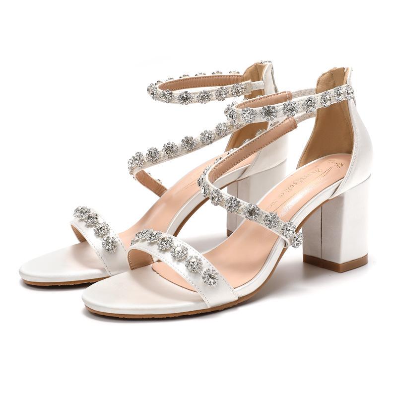 White High-heeled Sandals Thick-heeled Wedding Shoes Rhinestone Word with Round Head Diamond Chain Wristband New Fashion Temperament Women's Shoes