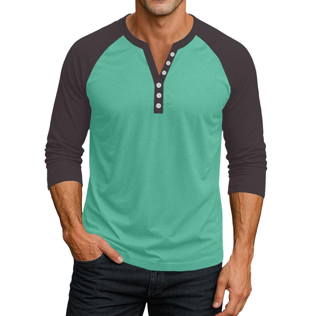 Men's Button-Down Contrast Raglan 3/4 Sleeve Top