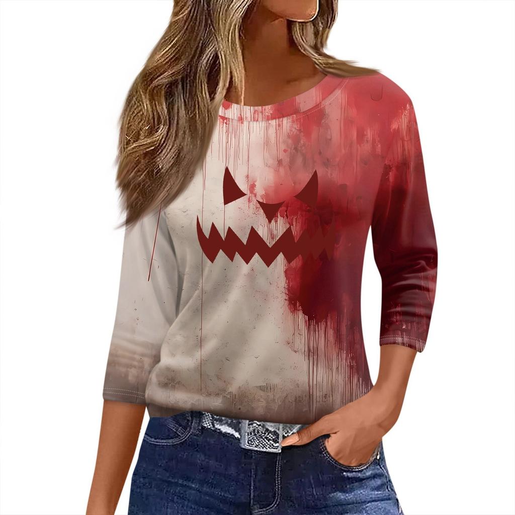 Women's T Shirt Halloween Print 3/4 Sleeve Daily Fashion Basic Round Neck Regular Top