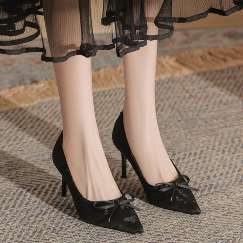 Fashion Spring New Thin Heel Single Shoes Women's Pointed Head Satin Shallow Mouth Butterfly Knot Anti-slip Wear-resistant High Heels