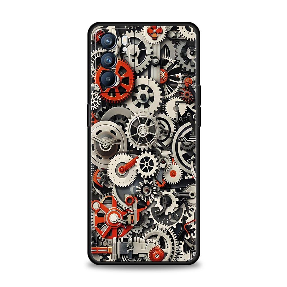 Mechanical Gear Pattern Phone Case For Oppo A17 A31 A54 A57 A78 A79 A98 Find X5 X6 Reno 6 7 8 10 11 12 13 F Pro Soft TPU Cover