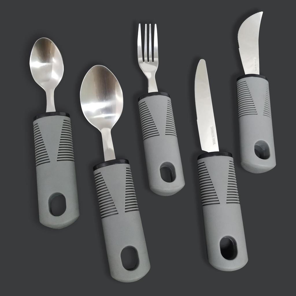 Ensemble de couverts adaptatifs anti-tremblements: Poignées en Acier Inoxydable avec Poignées en Caoutchouc/Plastique (Couteau, Fourchette, Cuillère) pour Aide à la Rééducation des Personnes Âgées