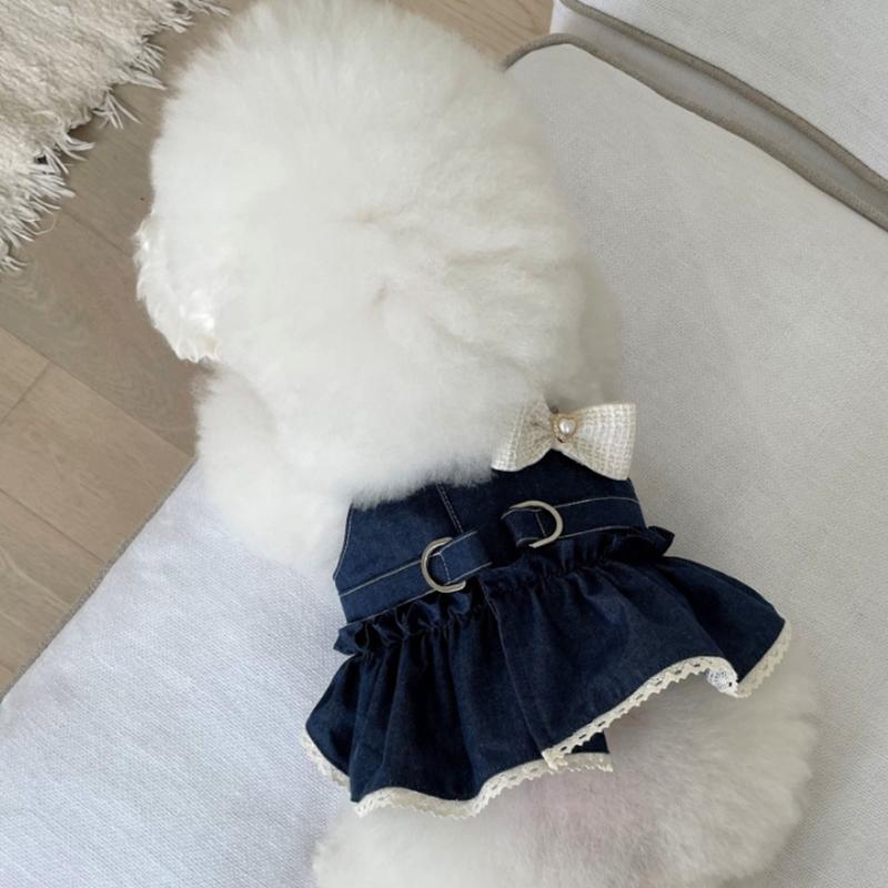 Hund Jeanskjol Vår Sommar Par Hundkläder Teddyklänning Valp Andningsbara Kläder med Rosett Pärlapplikation