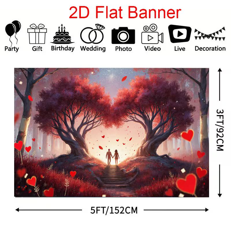 2D Valentine's Day Backdrop, Couple Silhouette with Heart Trees Background Cloth