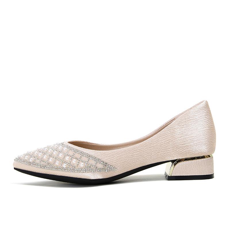 Pointed Single Shoes Women's Spring and Autumn 2025 New Thick Heel Shallow Mouth Rhinestone Pearl Fairy Wind Four Seasons Soft Sole Comforta