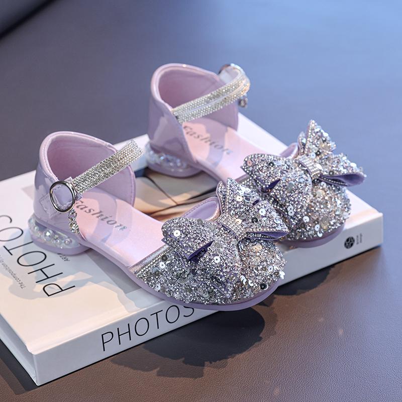 Children's Crystal Princess Shoes bow Tie stylish summer new girls' head-wrapped sandals small high heels performance shoes