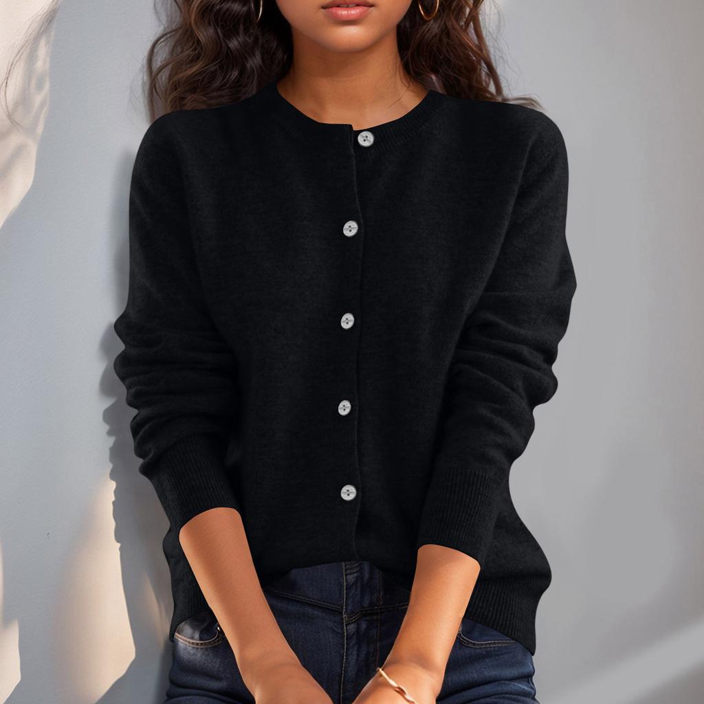 Women’s Long Sleeve Knit Cardigan Crew Neck Button Down Soft Lightweight Sweater Classic Fit for Everyday Wear