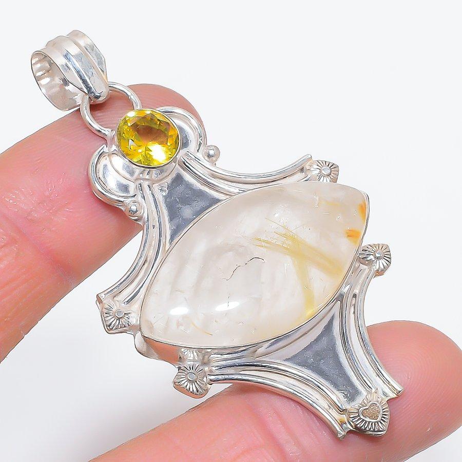 

Natural Golden Rutile, Citrine 925 Sterling Silver Jewelry Pendant 2.56 R0B64