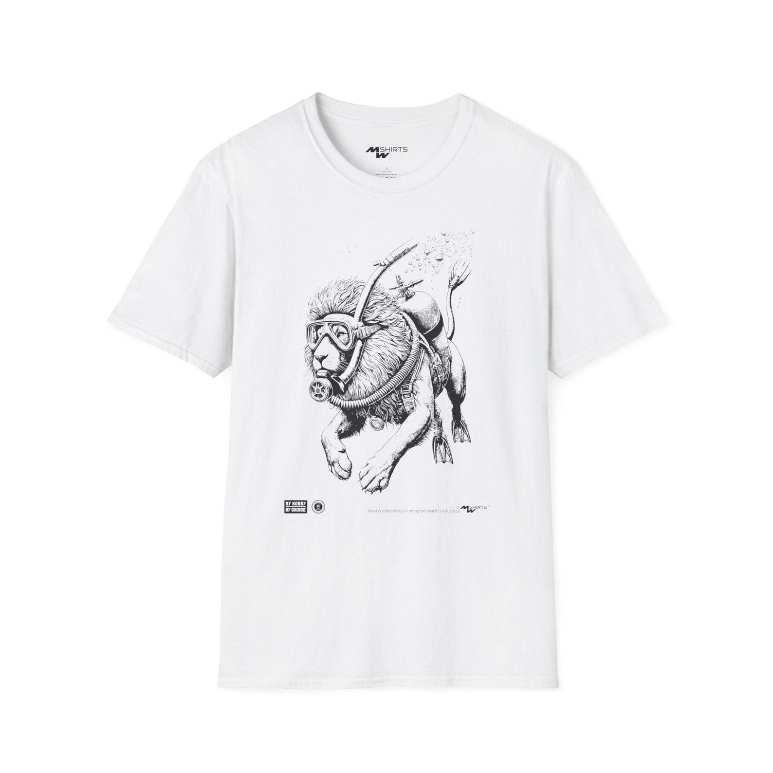 Scuba Diving Lion T-Shirt – Vintage Copper Engraving Style L