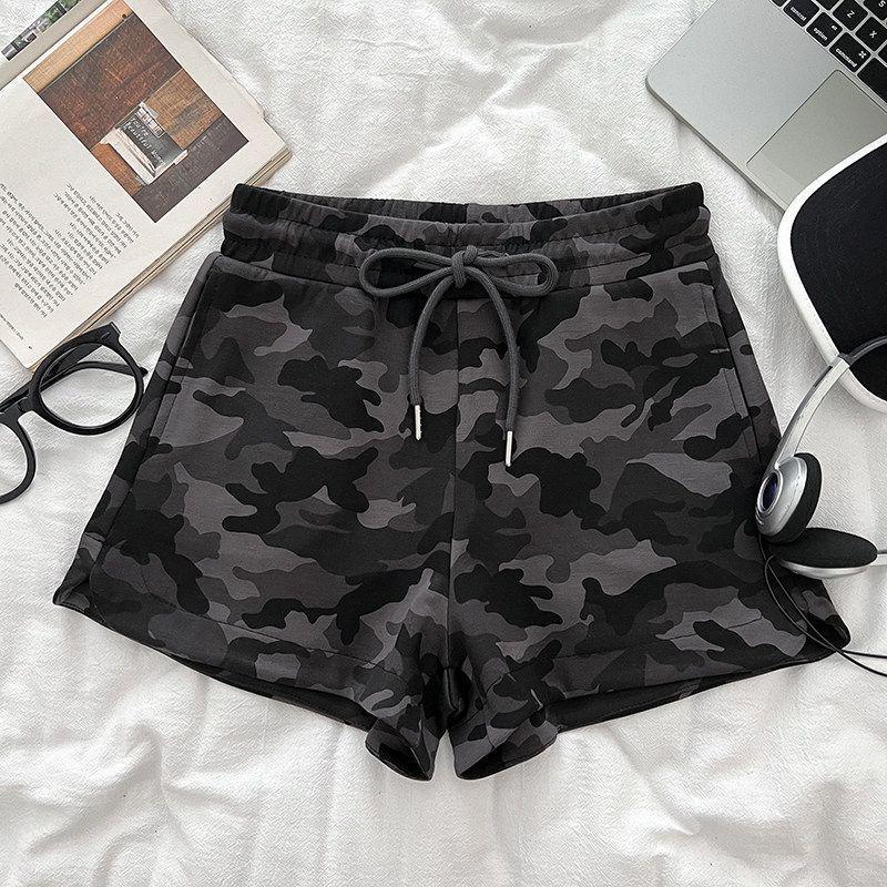 American Spicy Girl Camouflage Drawstring Elastic Waist Wide-Leg A-line Hot Shorts Women S