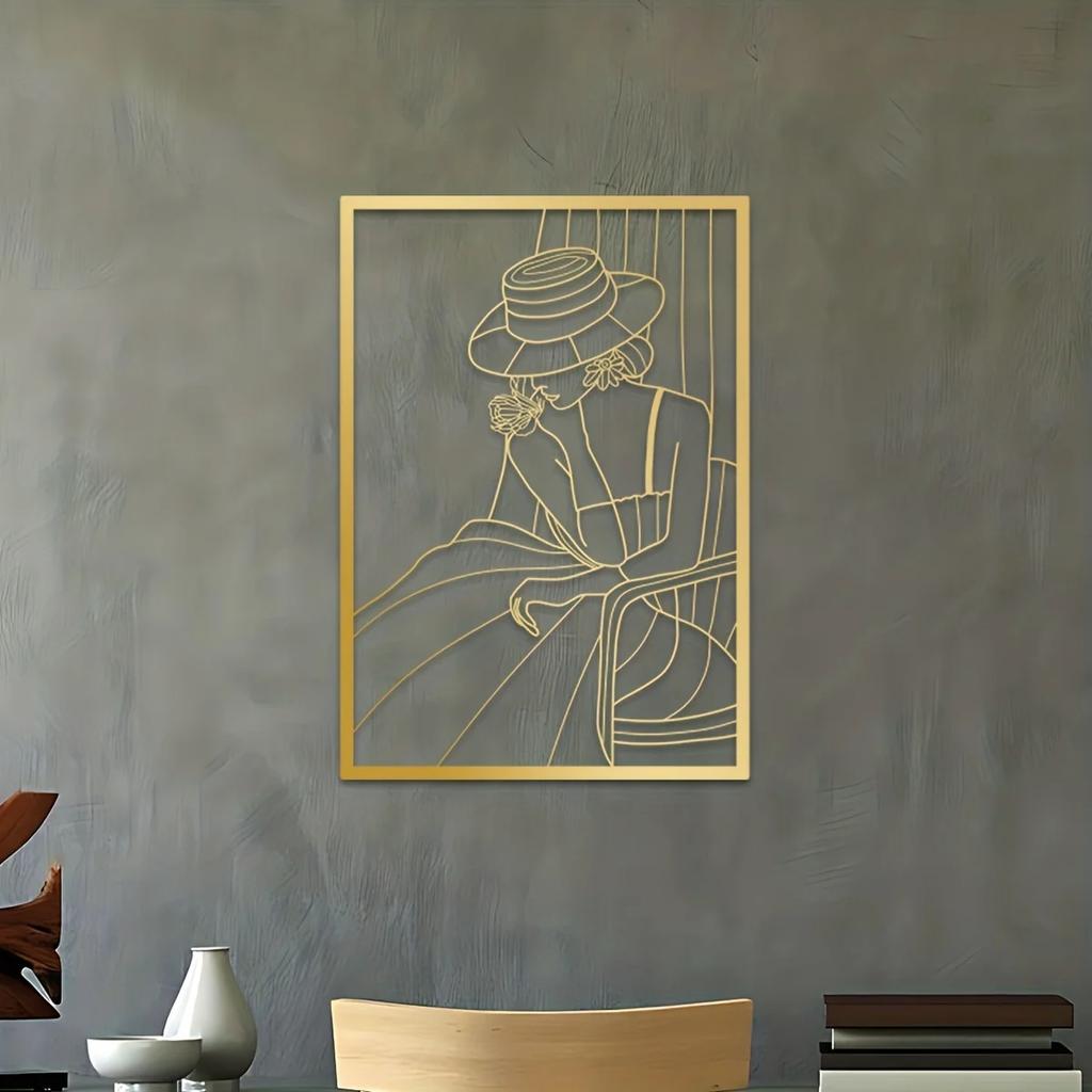 Vintage Lady Metal Wall Art - Modern Black and Gold Drawing | Minimalist Abstract Female Single Line Art for Home Decor