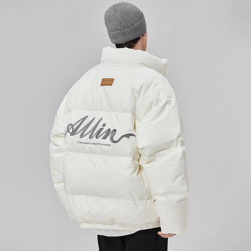 

ALLIN Men s Winter Short Stand Collar White Duck Down Jacket with Letter Embroidery - Warm Casual Cold-Protection Outerwear L
