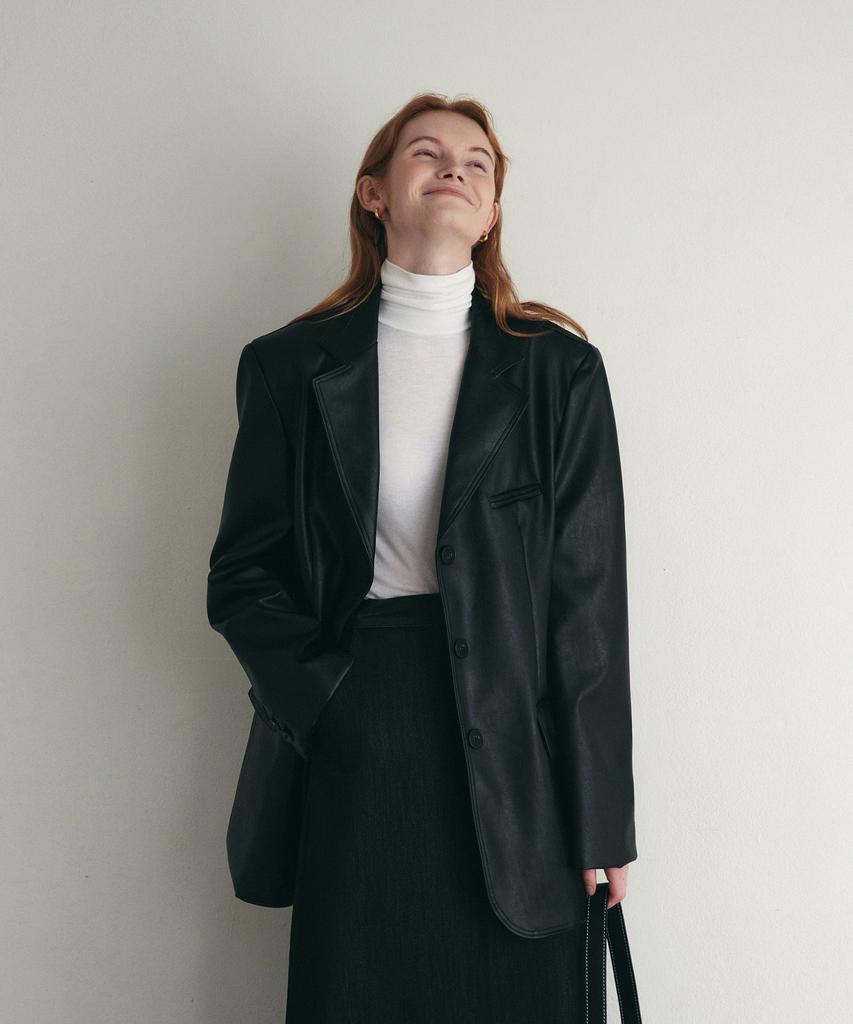 Loeil Oversized Single Leather Jacket - Black